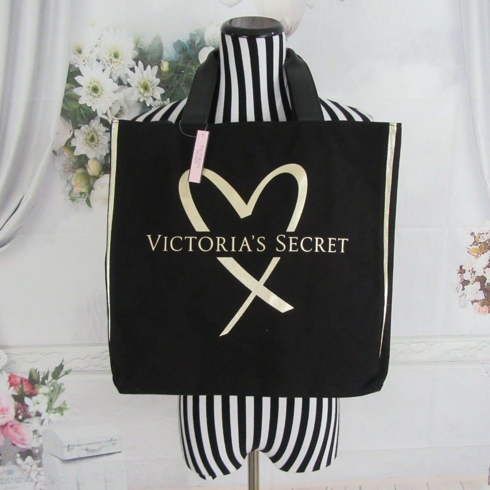 VICTORIA'S SECRET Limited Edition Black and Gold Stripe Tote Bag